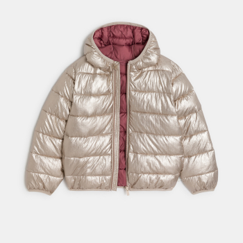 سترة منفوخة بغطاء رأس لامعة ذهبية اللون للفتيات